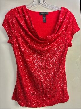 INC International Concepts Red Sequin Cowl Neck Short Sleeve Top